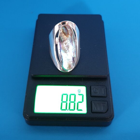 Chunky Vintage 925 Sterling Silver Oval Abalone Shell Inlay Statement Ring - Picture 13 of 14